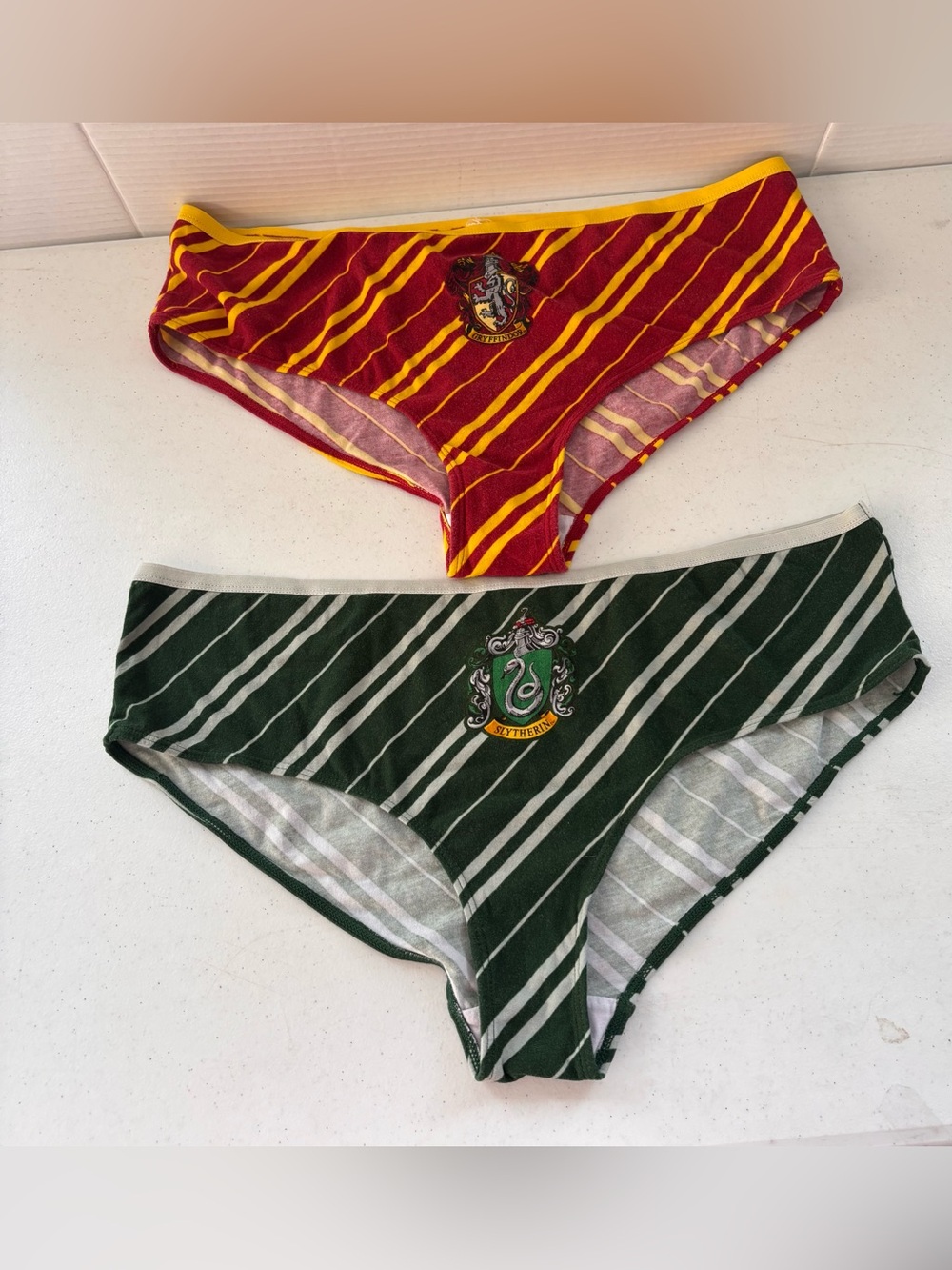 Striped Bikini Panty Two-Pack — Red & Green House Crest Design